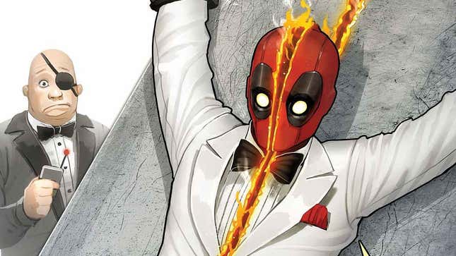 Deadpool wearing a tux gets cut in half by a laser